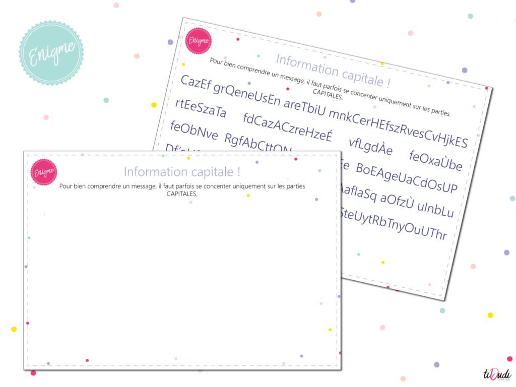 Énigme pour jeux et escape games pour enfants. Majuscules ou Minuscules. Par tiDudi