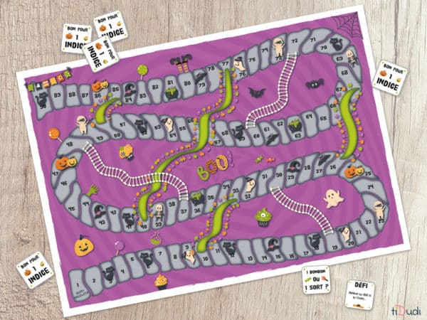 La Chasse aux Bonbons d'Halloween. Un jeu de l'oie et une chasse au trésor pour fêter Halloween à la maison. Un jeu tiDudi.